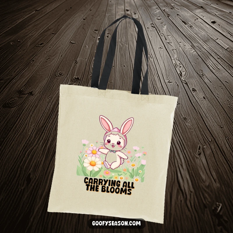 Funny bunny tote bag depicting a cheerful rabbit in a spring bonnet, hopping through an oversized flower garden.