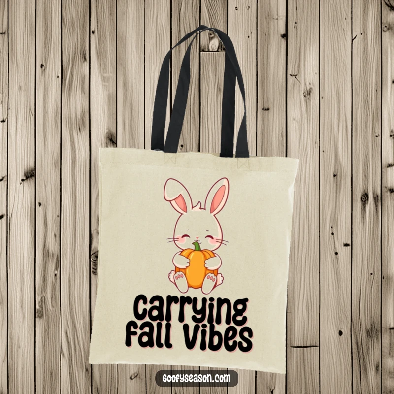 Funny Kawaii bunny with a shy smile and a pumpkin, ready for autumn adventures on a reusable tote bag.