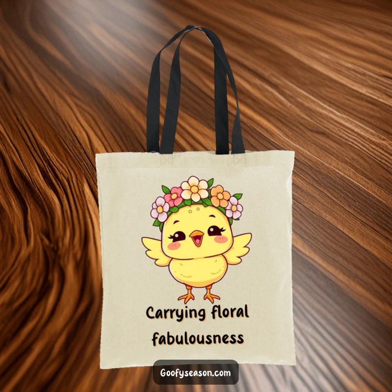 Funny tote bag depicting a joyous chick character wearing a flower crown, ideal for cheerful spring outings and carrying essentials.
