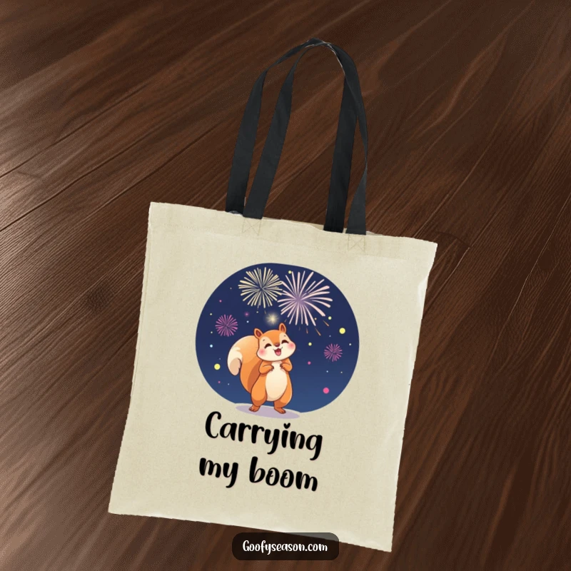 Funny tote bag with a playful squirrel character launching fireworks in the night sky, ready for festive occasions.