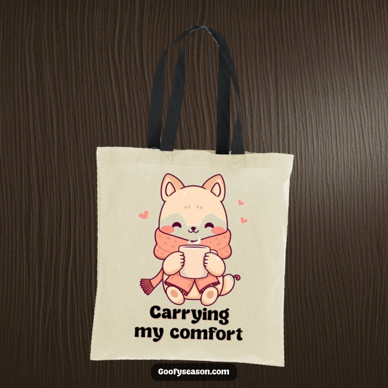 Funny kawaii animal character in a scarf holding a steaming mug, designed on a practical tote bag.