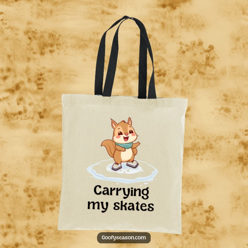 Funny Squirrel Tote Bag: A happy squirrel character gleefully ice skating on a frozen puddle, ready for winter errands.