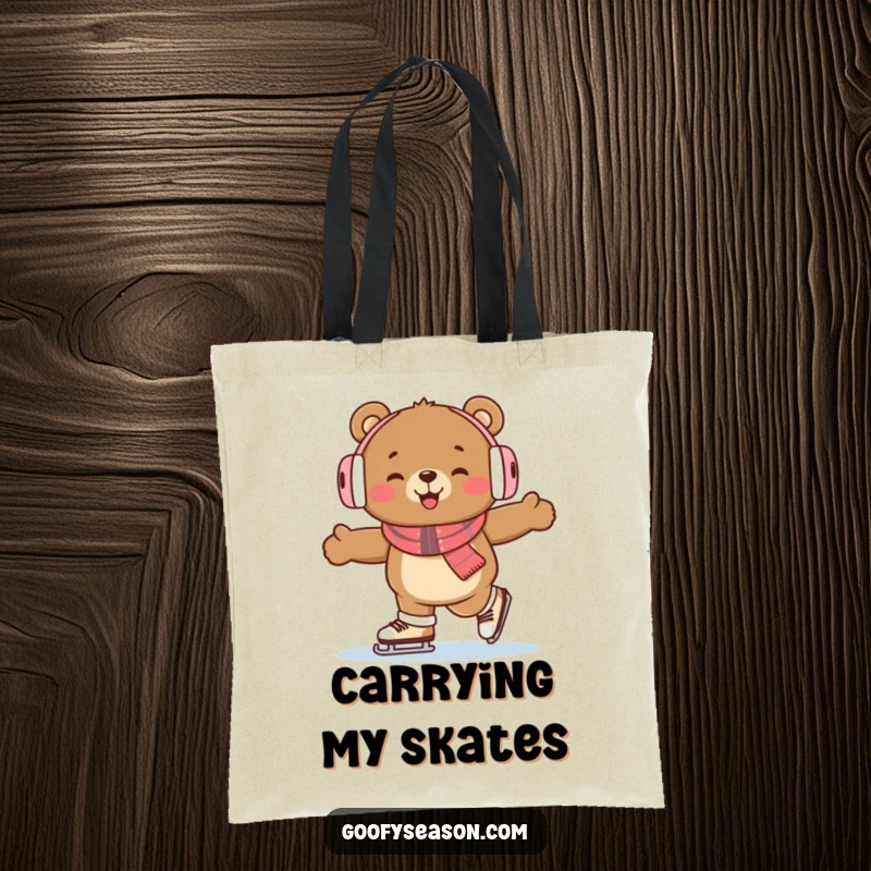 Funny bear character with earmuffs, enthusiastically ice skating on a tote bag, perfect for winter errands.