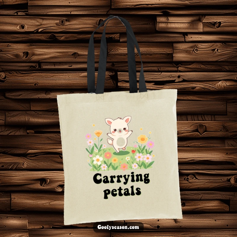 Funny tote bag illustration of a joyful animal character dancing playfully in a vibrant field brimming with diverse blooming flowers.