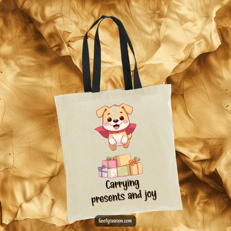 Funny happy dog with cape, leaping over presents, on a tote bag, a practical funny gift.