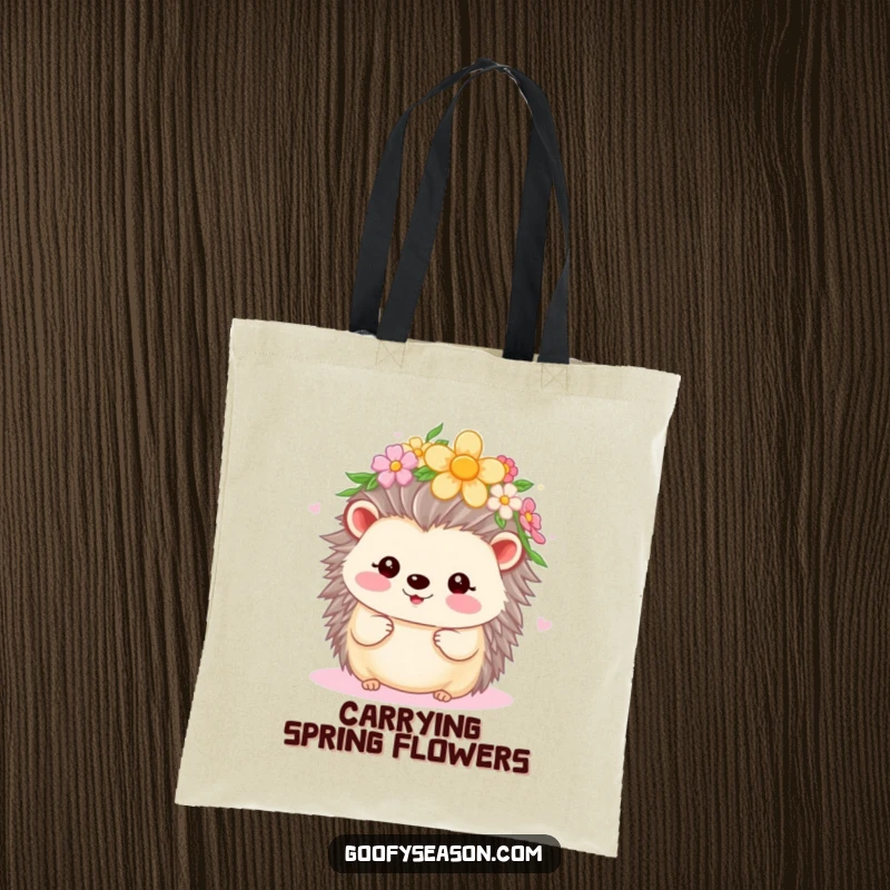 Funny Kawaii hedgehog with a flower crown, beaming during spring, on a durable tote bag, ready for outdoor fun.