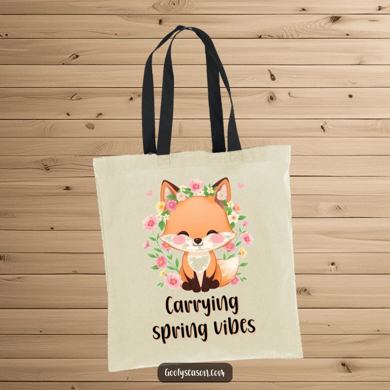 Funny tote bag featuring a happy fox wearing a spring wreath, surrounded by blooming flowers, ideal for carrying spring essentials.