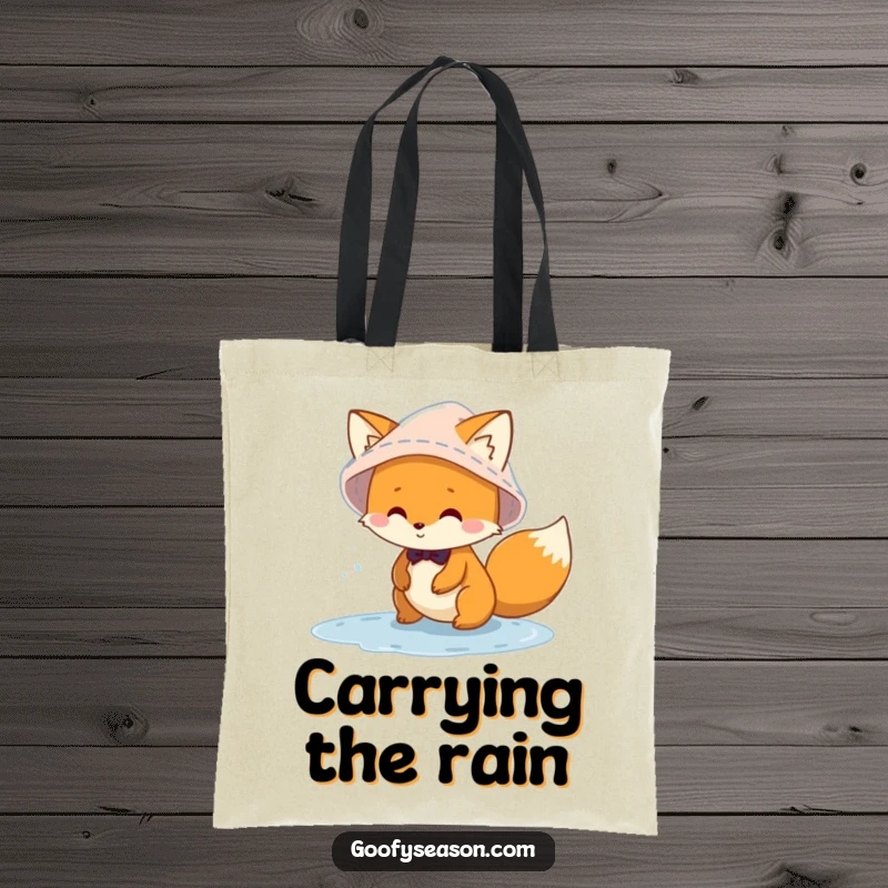 Funny mischievous fox character wearing a rain hat, splashing in puddles on a tote bag, ideal for market trips and errands.