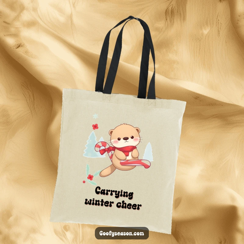 Funny Kawaii otter floating on a candy cane during winter merriment on a durable tote bag, ready for fun.