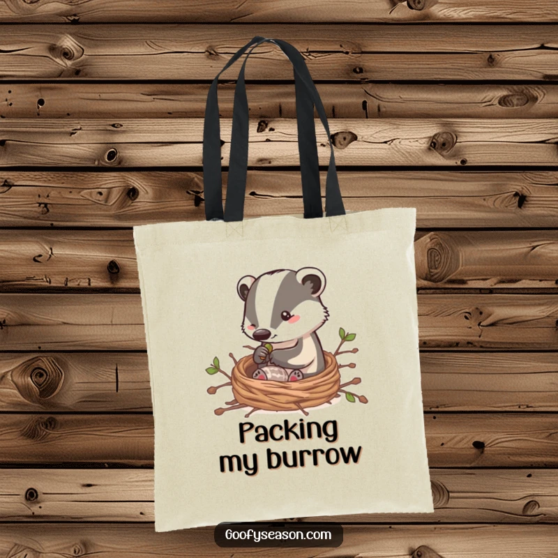 Funny tote bag showcasing a clever badger character building a cozy nest with twigs, ideal for carrying everyday items with humorous flair.