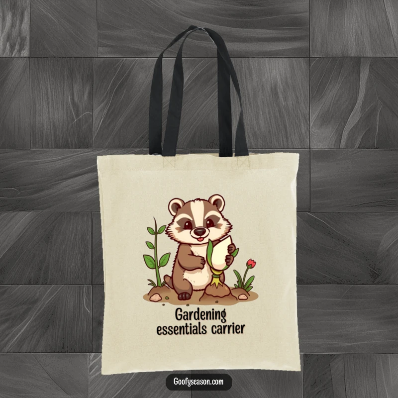 Funny tote bag showing a determined badger in gardening gloves, planting a huge bulb with dedication.