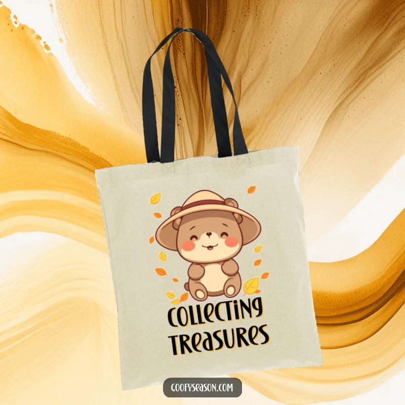 Funny happy bear character wearing a sun hat, catching falling leaves on a tote bag, ideal for market trips and errands.