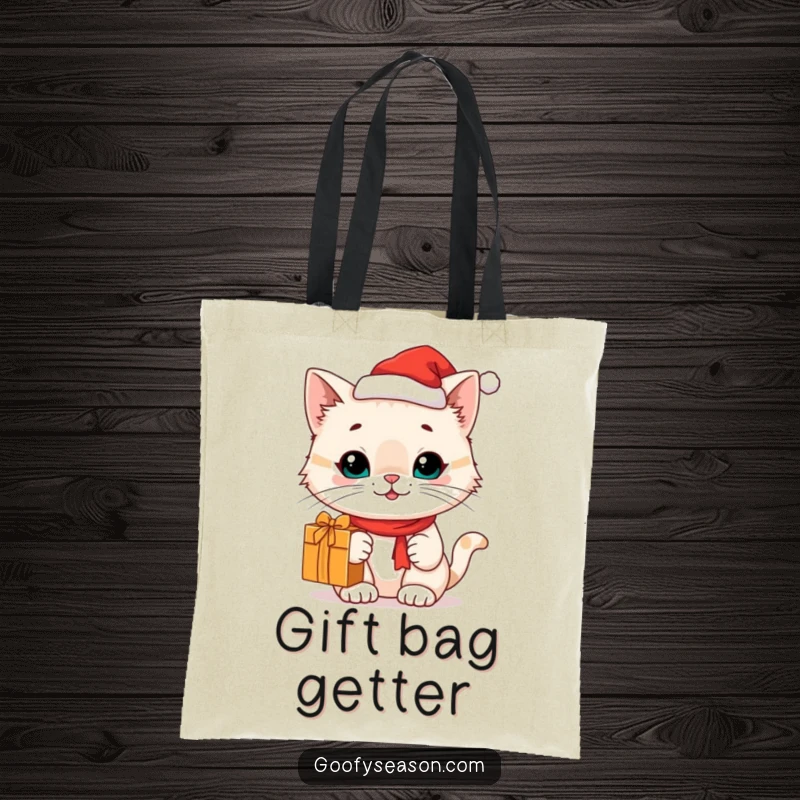 Funny cat with a Santa hat and gift on a durable tote bag, ideal for holiday shopping, funny gift.