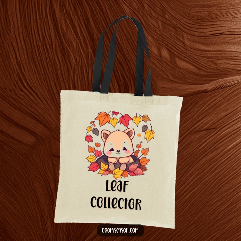 Funny tote bag illustration of a content animal character surrounded by a cascade of colorful autumn leaves, perfect for shopping.