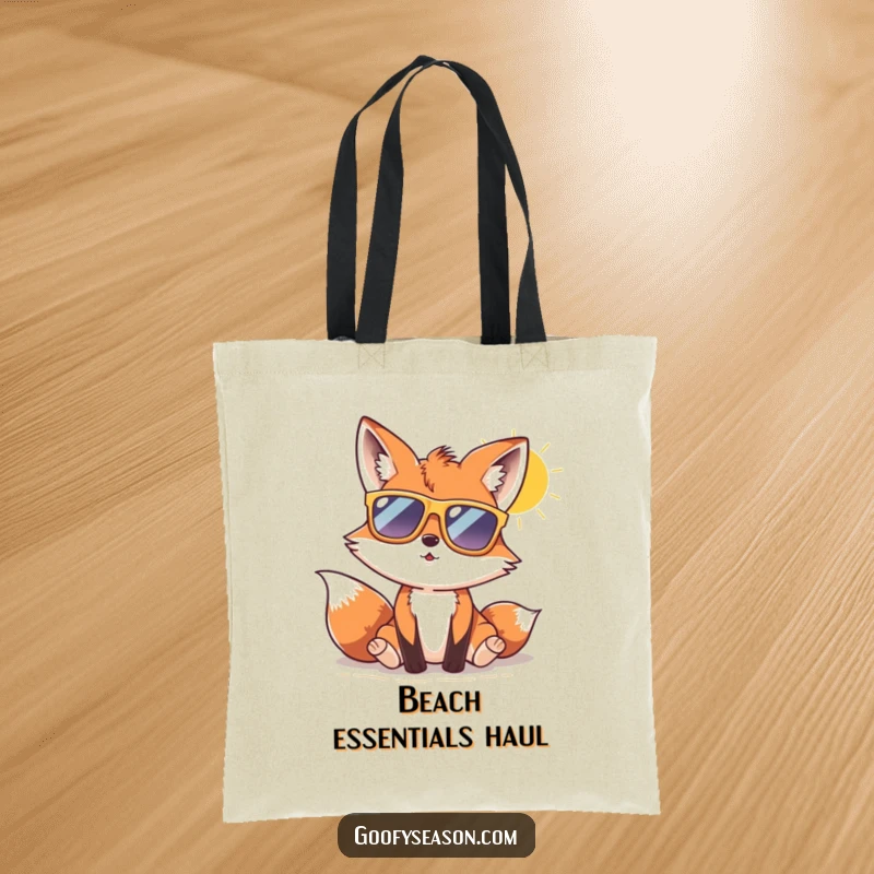 Funny fox character in oversized sunglasses enjoying a sunny beach day on a tote bag, perfect for summer errands.