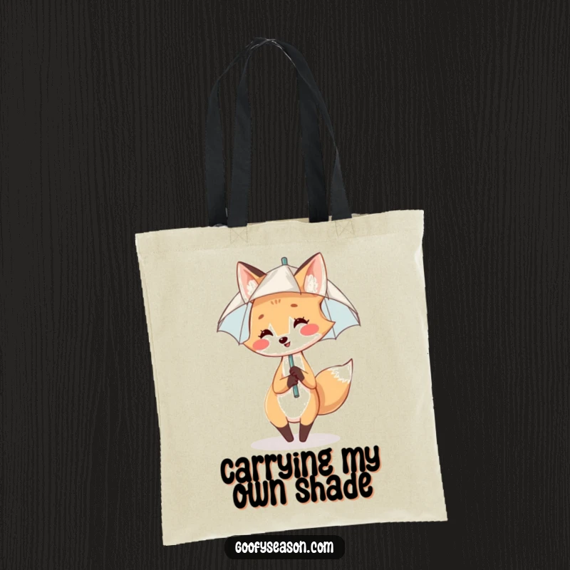 Funny Tote Bag: A happy fox with a small umbrella dances joyfully in a light rain shower.