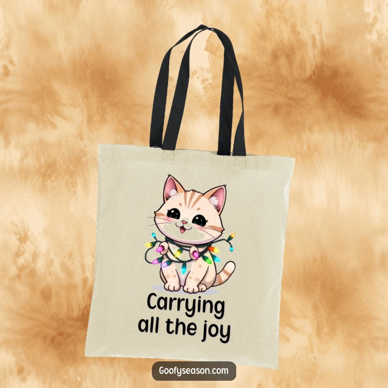Funny tote bag with an energetic cat tangled in blinking holiday lights, perfect for festive errands.