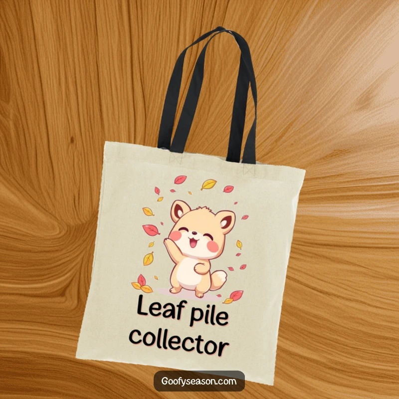 Funny kawaii animal character playfully tossing colorful leaves, designed on a practical and stylish tote bag.