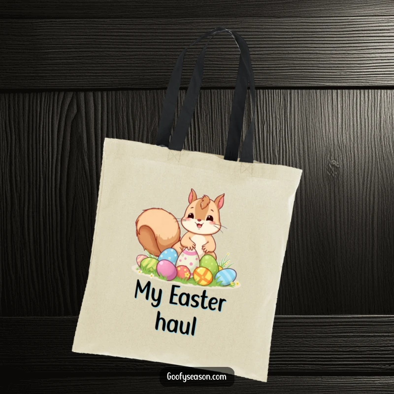Funny Kawaii squirrel excitedly placing colorful Easter eggs, ready for the hunt on a spacious tote bag.