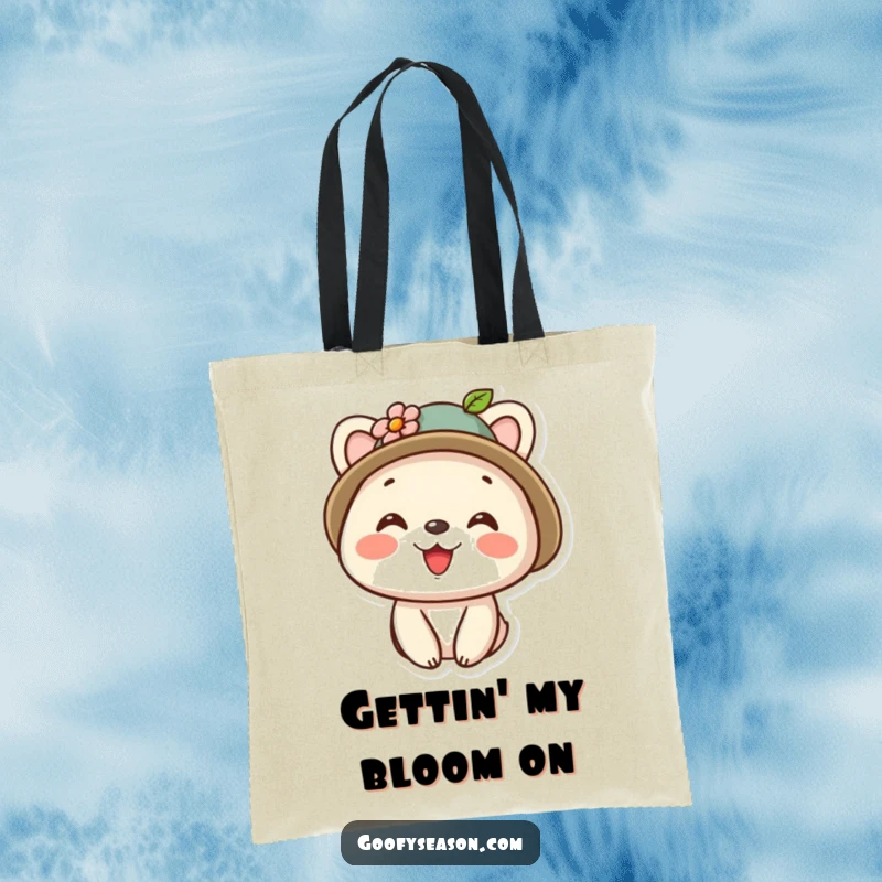 Funny kawaii animal character wearing a cute hat with a flower, smiling brightly, printed on a durable and fashionable tote bag.