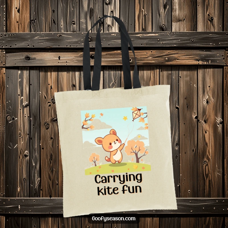 Funny kawaii animal character flying a kite on a breezy autumn day, featured on this charming tote bag.