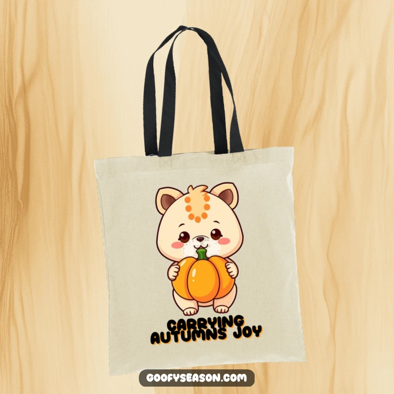Funny kawaii animal character with a cheerful grin holding a pumpkin, making this tote bag a cute and functional accessory.