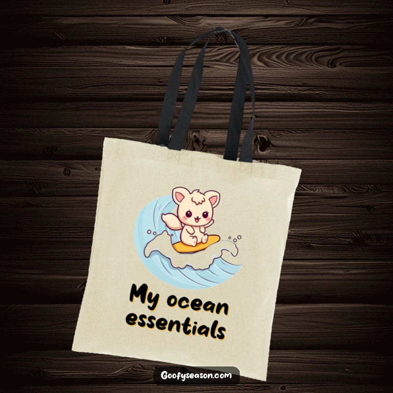 Funny kawaii animal character happily surfing a wave on this durable and amusing tote bag.