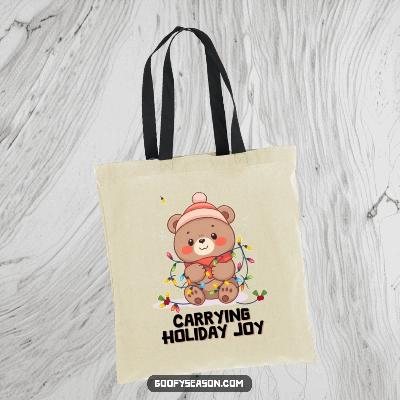 Funny Kawaii bear adorably stuck in a web of colorful festive winter lights on a spacious tote bag.