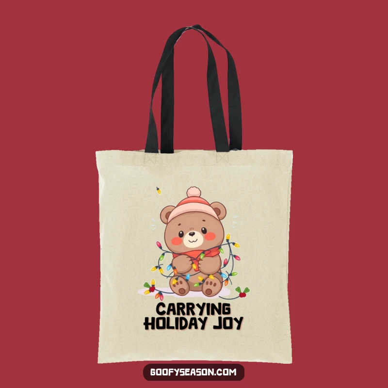 Funny Kawaii Winter Bear Tote Bag - Festive Lights Tangle Carryall