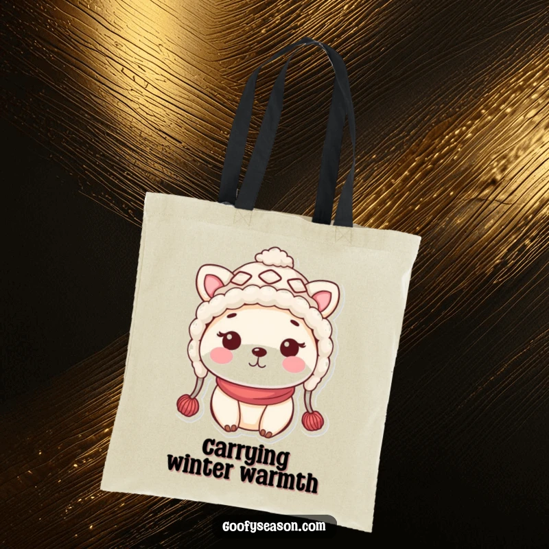 Funny kawaii animal character wearing a silly woolly hat with rosy cheeks, featured on this charming tote bag.