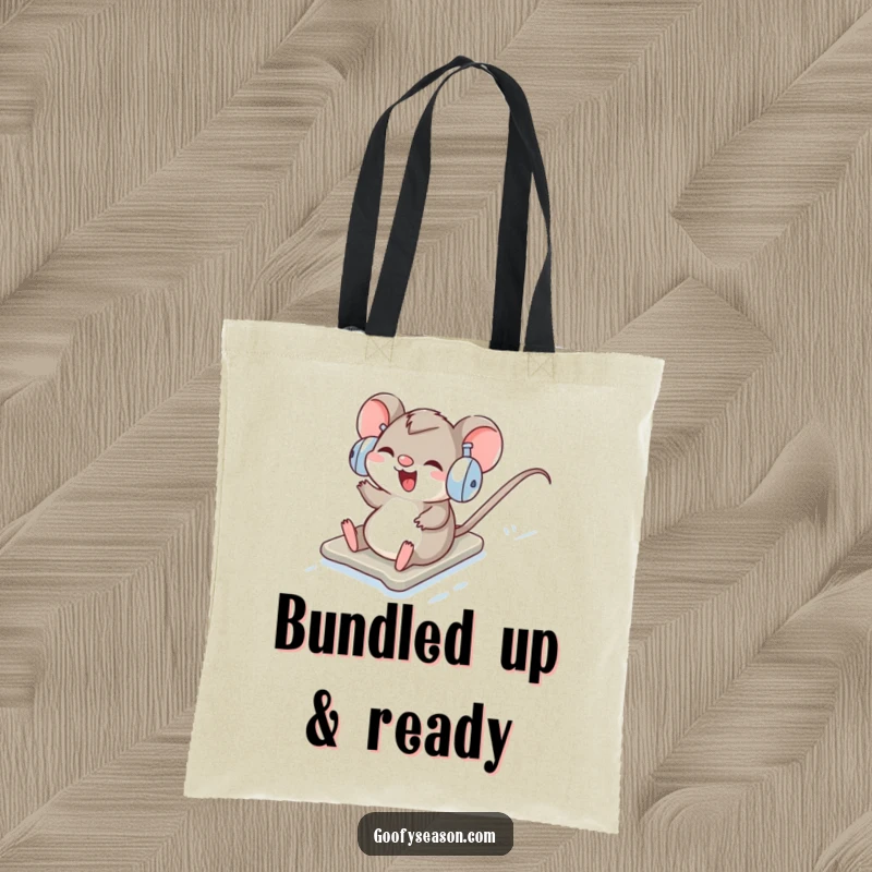 Funny Tote Bag: A giggling mouse wearing earmuffs slides downhill on a snowy slope.