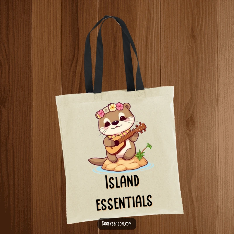 Funny otter tote bag featuring a cute otter with a lei playing a ukulele on a tiny island. Whimsical and practical.