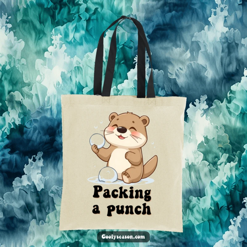 Funny tote bag showcasing a cheerful otter character in the middle of a fun-filled snowball fight, perfect for carrying daily essentials.