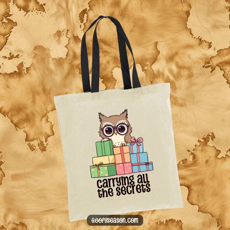Funny owl with spectacles peeking from behind gifts, on a tote bag, a practical funny gift.