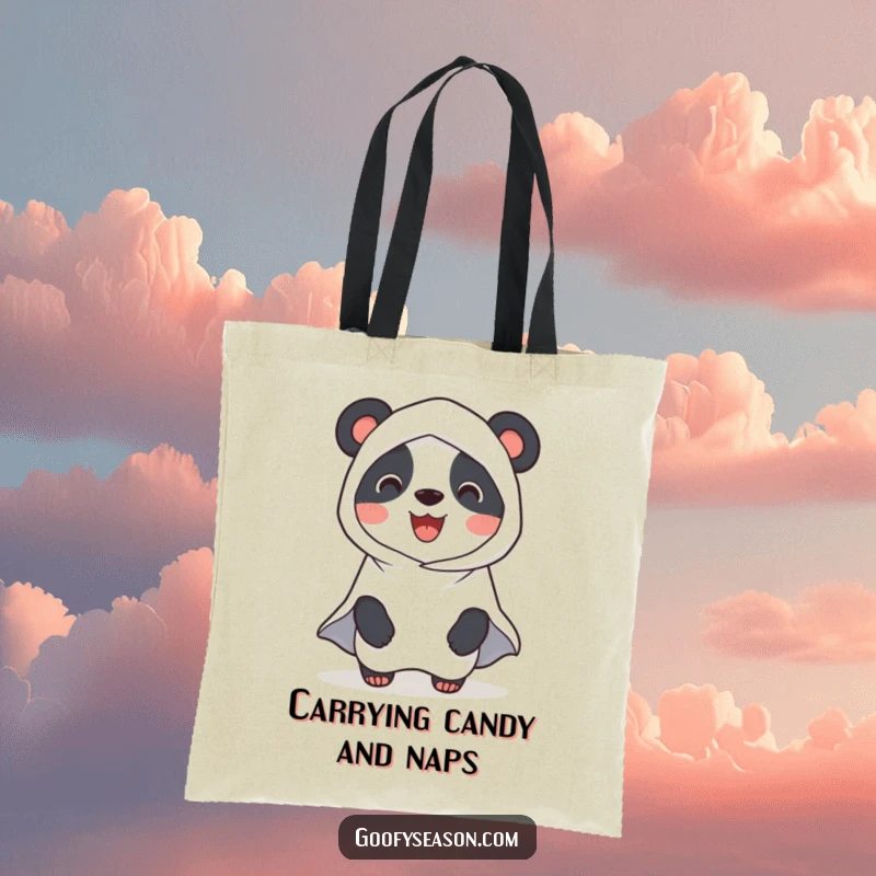 Funny Panda Ghost Tote Bag: A smiling panda dressed as a ghost for Halloween, a cute and practical bag for carrying goodies.