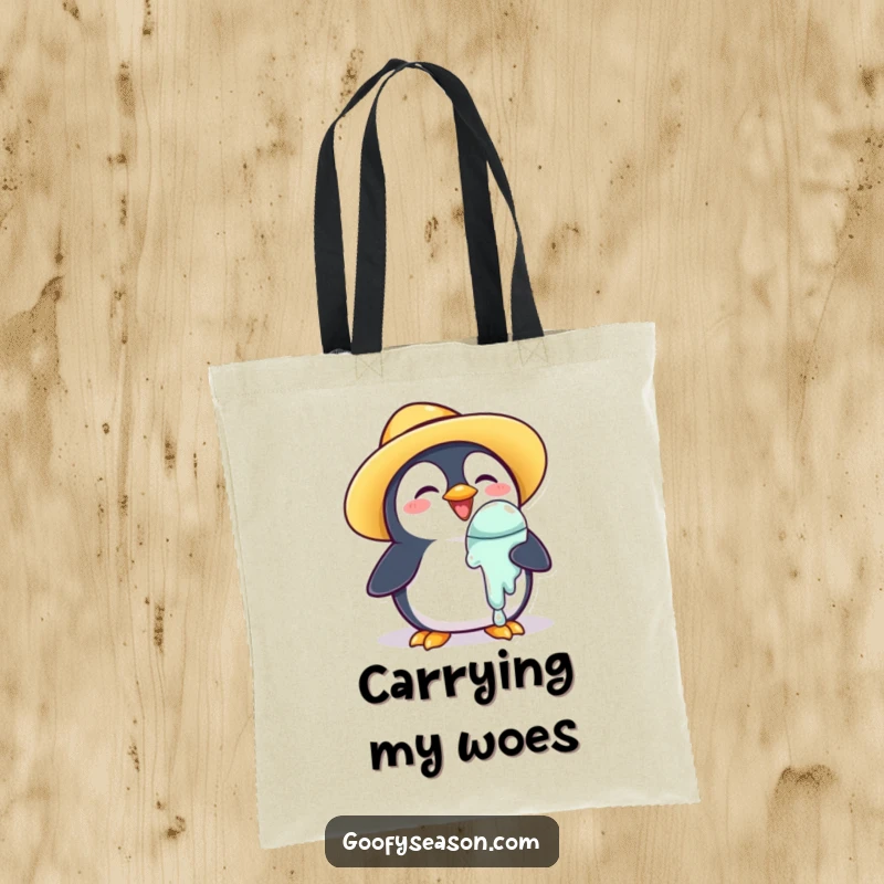 Funny Tote Bag: A joyous penguin in a sun hat holds a rapidly melting ice cream.