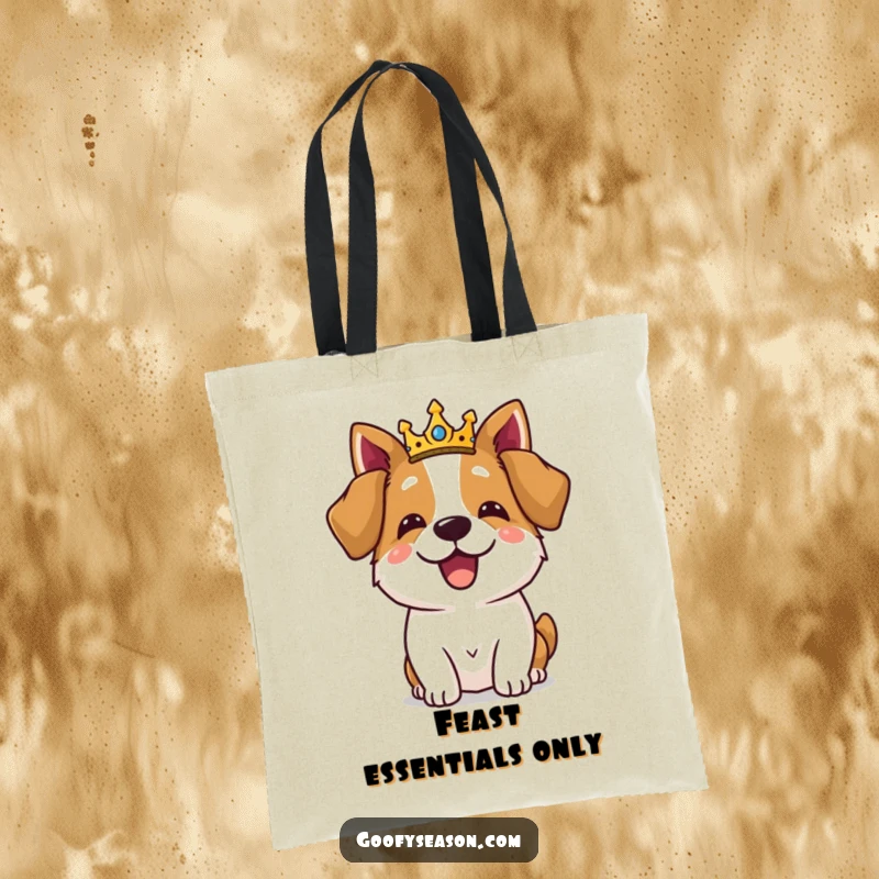 Funny dog wearing a crown and enjoying a royal feast on a tote bag, a humorous accessory.