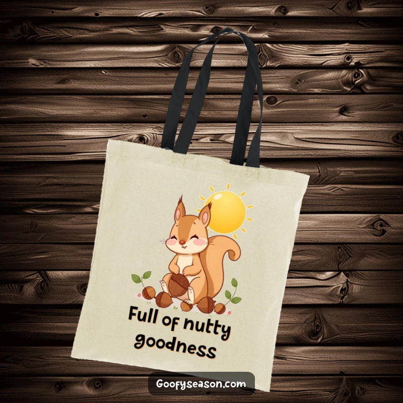 Funny squirrel gathering huge acorns under a bright golden sun on a tote bag, autumn accessory.
