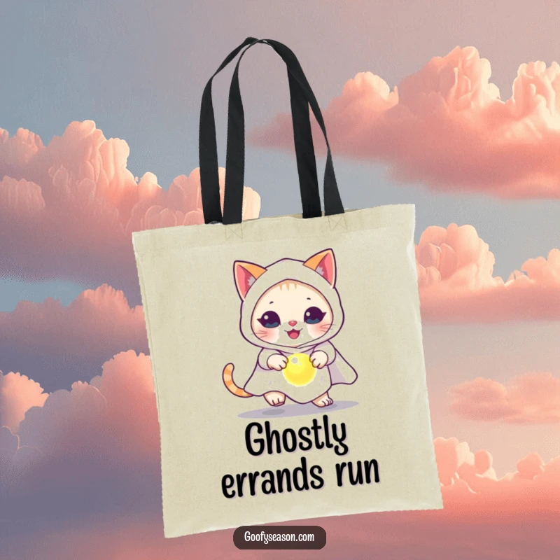 Funny cat in a ghost costume, chasing a glowing orb, on a durable tote bag for Halloween.