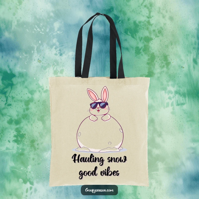 Funny Bunny Tote Bag: A cheerful bunny wearing sunglasses, lounging on a giant snowball, ready for cool errands.