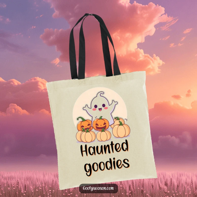 Funny Tote Bag: Happy ghost character playfully surprising a group of pumpkins, perfect for Halloween.