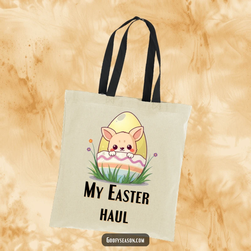 Funny kawaii animal character peeking from behind a colorful Easter egg, featured on this charming tote bag.