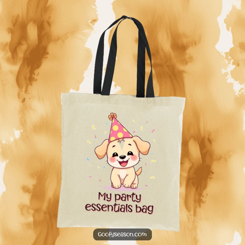 Funny tote bag showing a giggling puppy in a festive hat, chasing a cascade of colorful confetti.