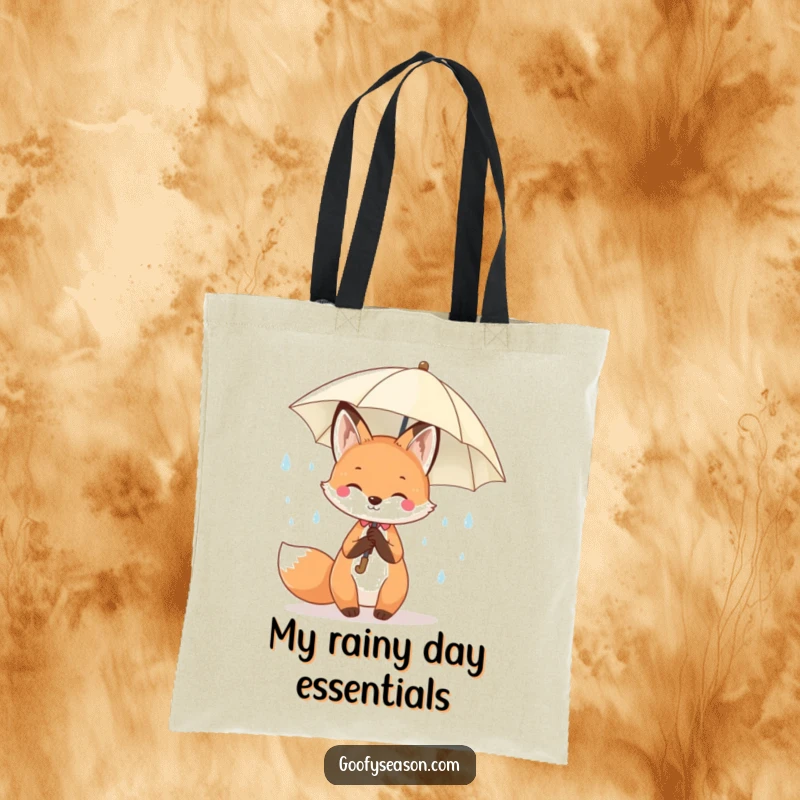 Funny Kawaii fox with an umbrella, surrounded by cheerful raindrops, perfect for carrying spring essentials in a tote bag.