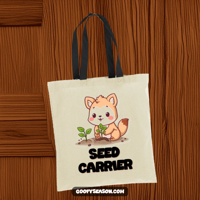 Funny tote bag illustration of a determined animal character planting a vibrant seedling with a hopeful and dedicated expression.